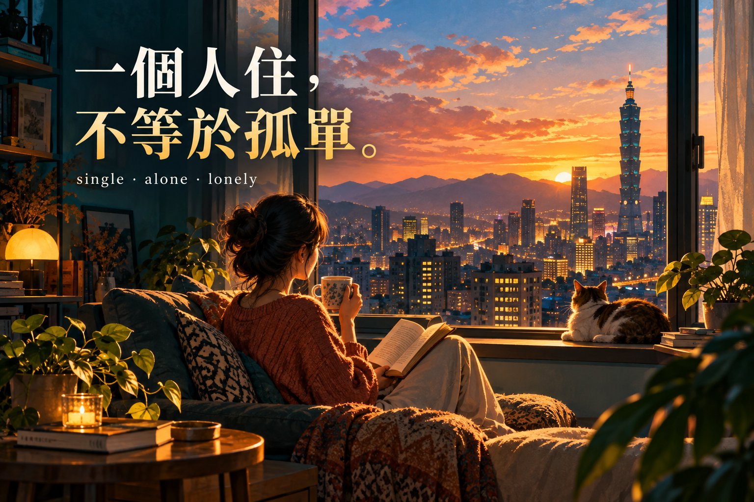 一個人住,不等於孤單:台北夕陽下,一位女子在窗邊喝茶閱讀,身旁有貓相伴的生活情境插畫。